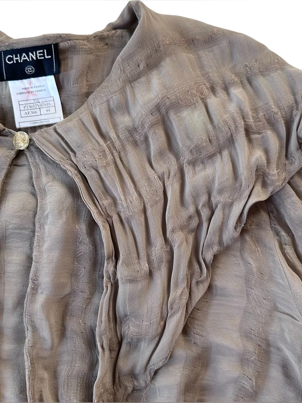 Vintage Chanel 1999A Silk Metallic Gauze Sailor Collar Blouse Taupe CC Button 44
